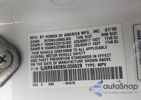 2009 Honda Cr-V Ex из США, поврежденный, VIN 5J6RE48589L056628